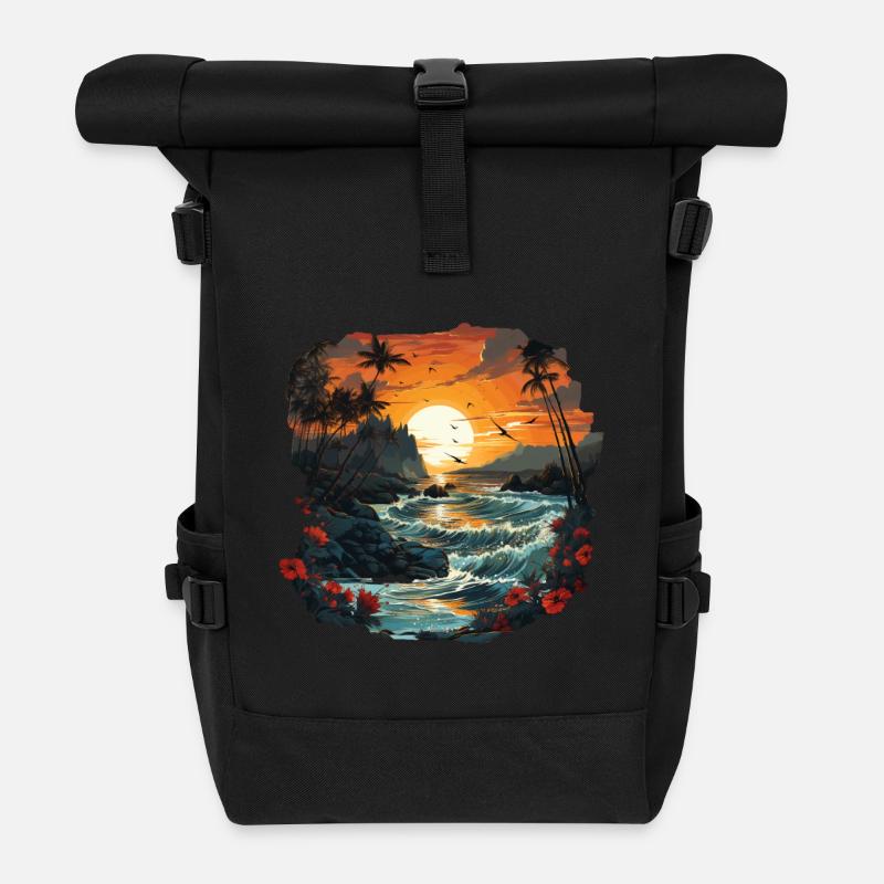 Tropisch - Rolltop Rucksack - Schwarz