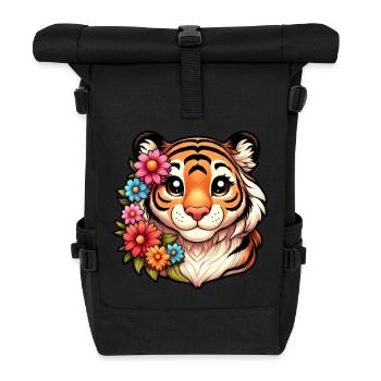Tiger Weibchen mit Blumen - Rolltop Rucksack - Schwarz - Vorne