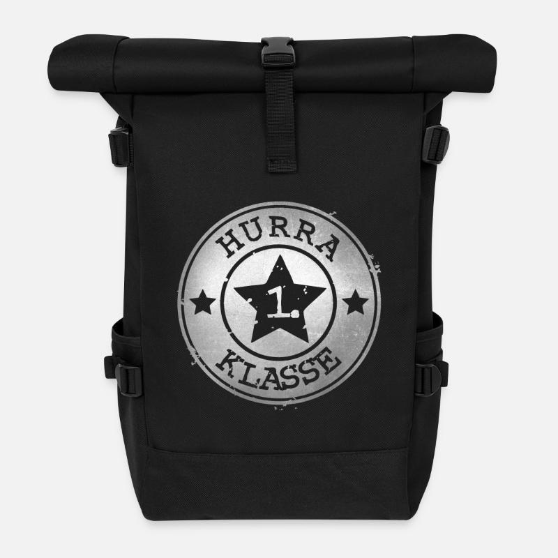 Hurra 1. Klasse - silbernes Abzeichen mit Stern  - Rolltop Rucksack - Schwarz