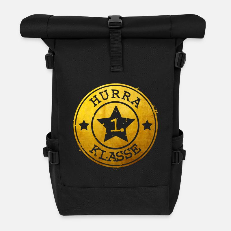 Hurra 1. Klasse - goldenes Emblem mit Stern  - Rolltop Rucksack - Schwarz