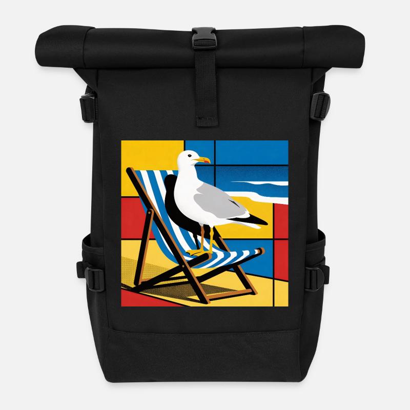 Seagull on Beach Chair Pop Art - Roll Top Backpack - black