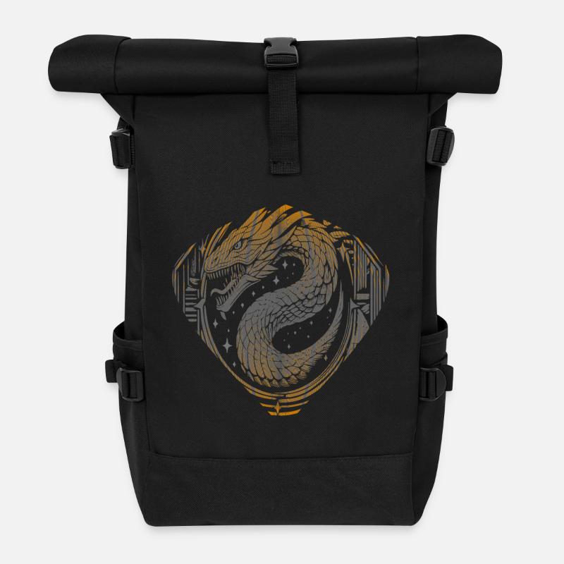 Celestial Dragon Serpent – Kosmisches Gold & Silber - Rolltop Rucksack - Schwarz