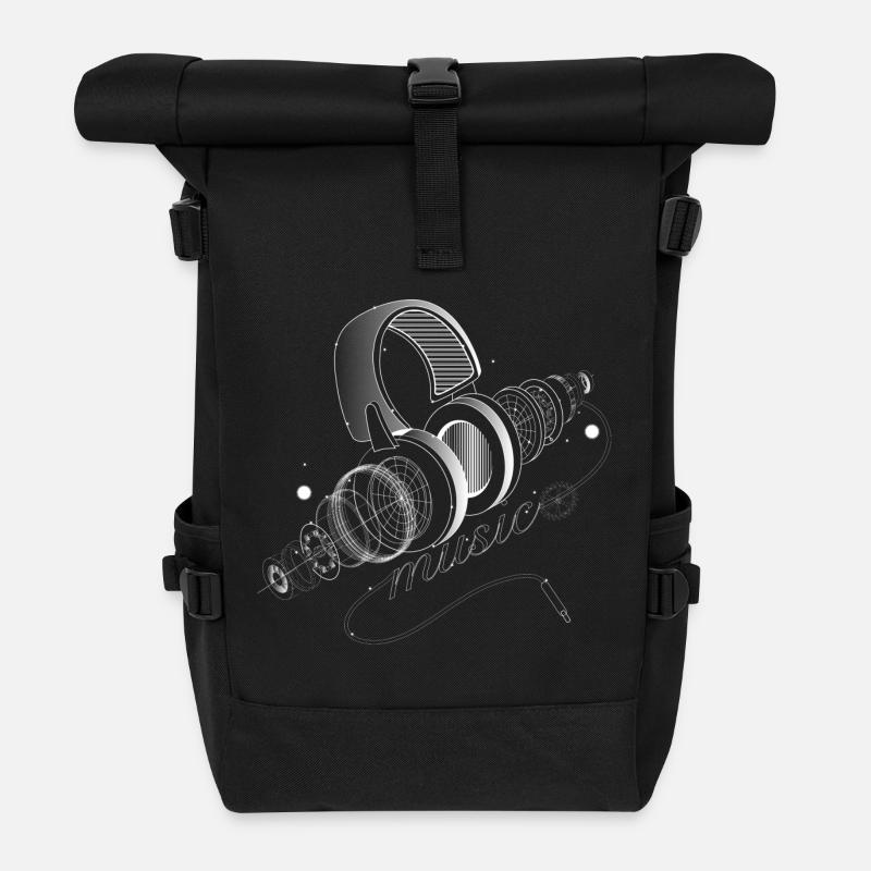 transparenter Kopfhörer in Einzelteile mit Typo - Rolltop Rucksack - Schwarz