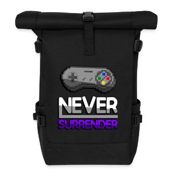 NEVER SURRENDER (Lila) + SNES Controller - Gaming - Rolltop Rucksack - Schwarz - Vorne
