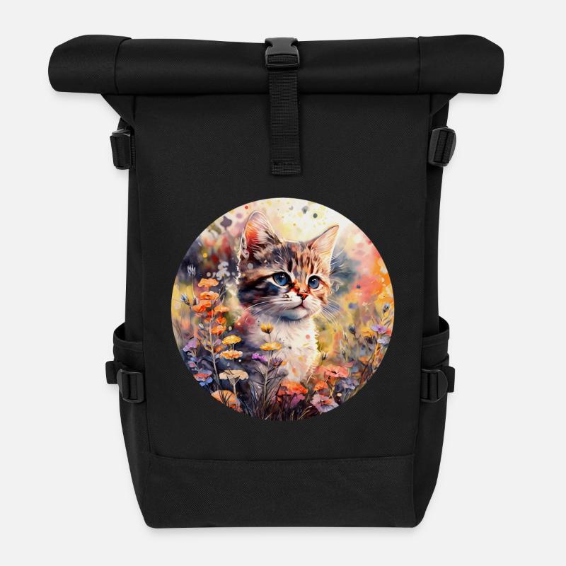 Katze in Blumenwiese - Aquarell - Rolltop Rucksack - Schwarz