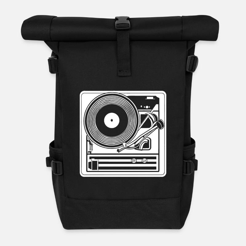 Retro Design Plattenspieler - Rolltop Rucksack - Schwarz