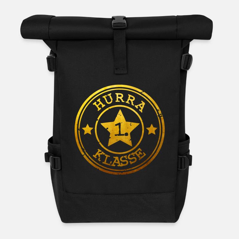 Hurra 1. Klasse - Abzeichen mit Stern - gold  - Rolltop Rucksack - Schwarz