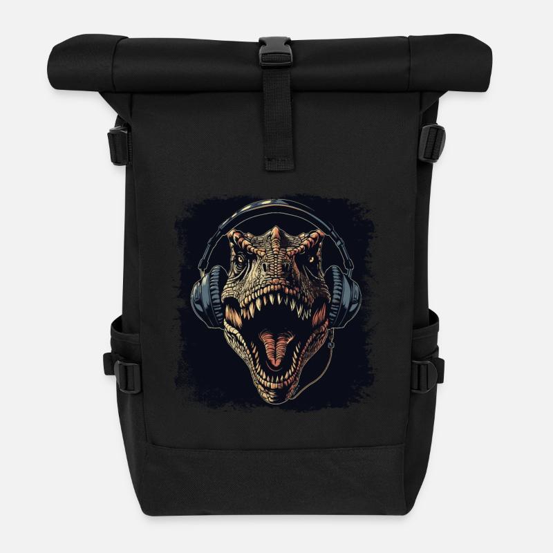 T-Rex Dinosaurier hört Musik - Rolltop Rucksack - Schwarz