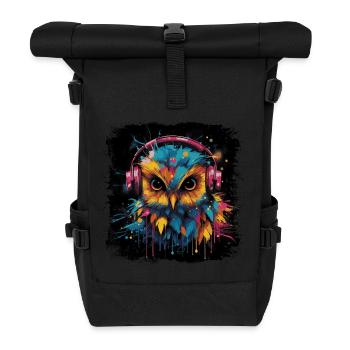 Discjockey Eule hört Musik über Kopfhörer - Rolltop Rucksack - Schwarz - Vorne