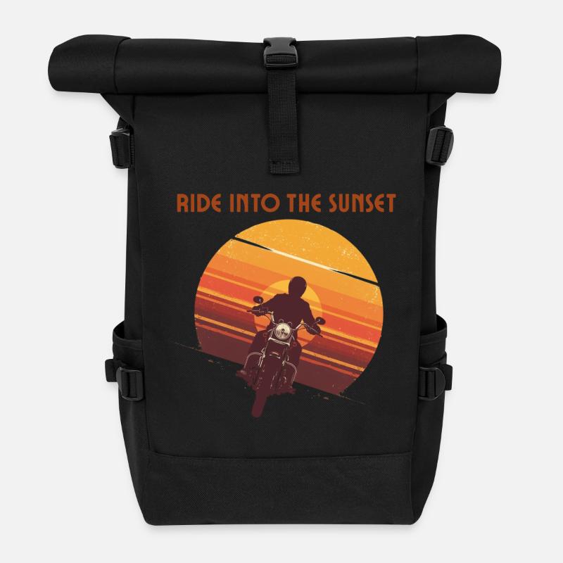 Motorradfahrer im Sonnenuntergang  - Rolltop Rucksack - Schwarz
