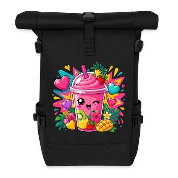 Kawaii Pink Smoothie mit Früchten - Rolltop Rucksack - Schwarz - Vorne