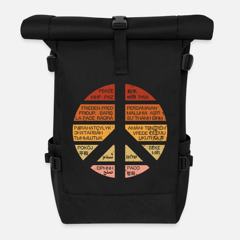 Vintage-Peace-Zeichen. Frieden in vielen Sprachen. - Rolltop Rucksack - Schwarz