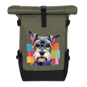 Miniature Schnauzer Dog in Glasses Colored - Roll Top Backpack - olive/black - Front