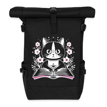 Lesende süße Katze mit Buch und Blumen - Rolltop Rucksack - Schwarz - Vorne