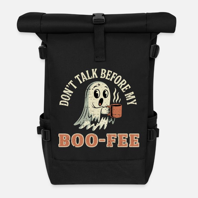 Spooky Ghost with Coffee Quote - Roll Top Backpack - black