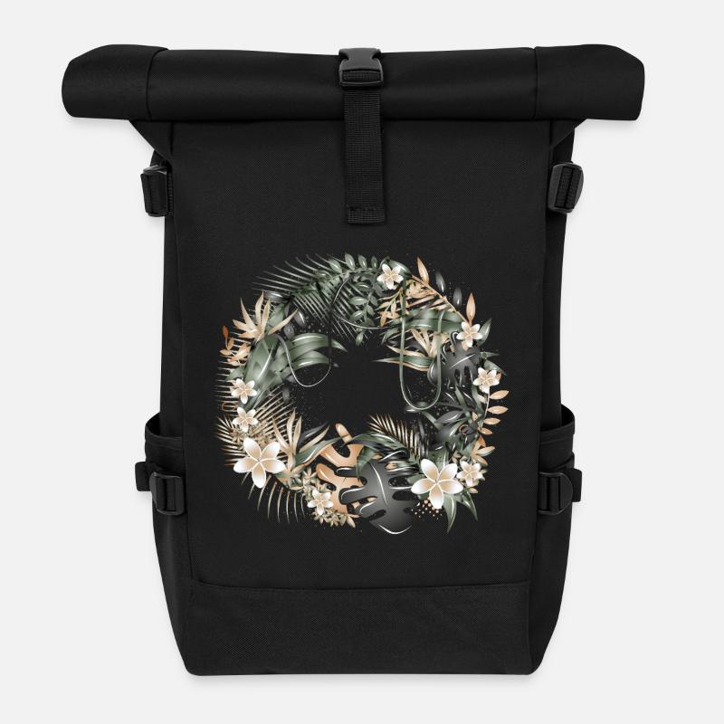 Exotischer Dschungelkranz mit tropischen Blättern - Rolltop Rucksack - Schwarz