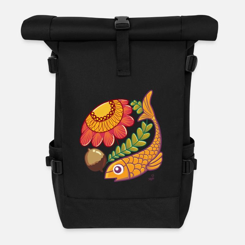 Fisch und Herbst Blume - Rolltop Rucksack - Schwarz