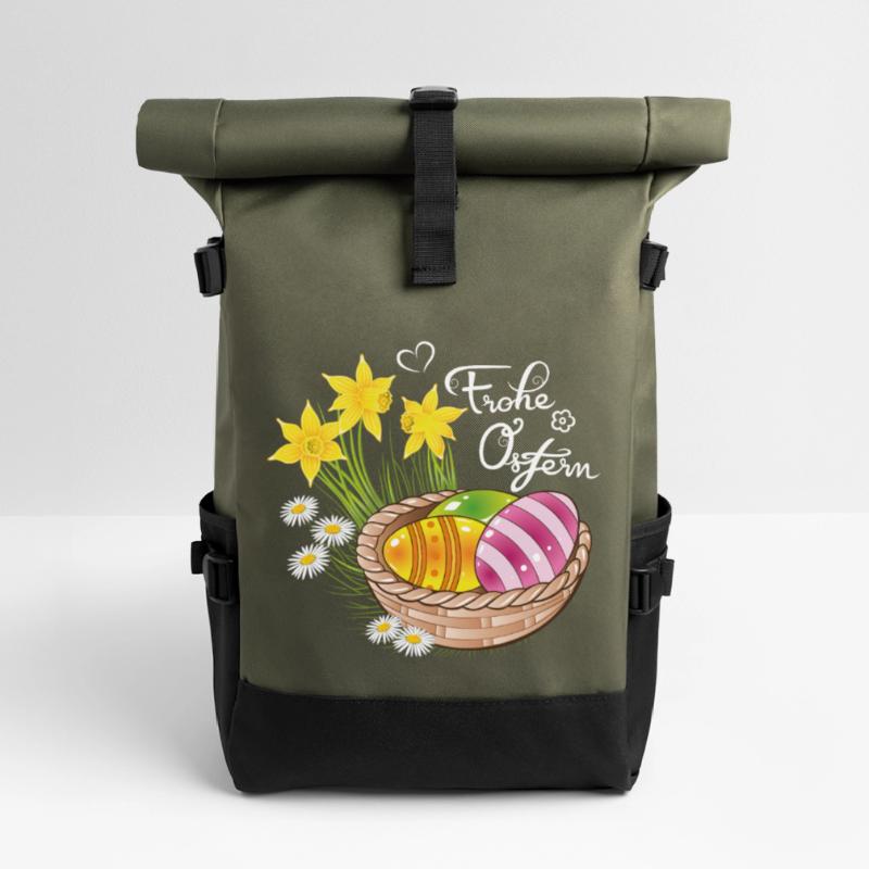 Happy Easter Easter basket Easter eggs Easter flowers eggs Roll Top Backpack