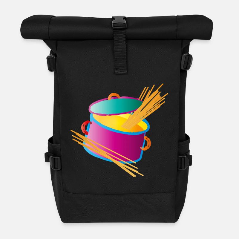 knallig bunter Kochtopf mit Deckel und Spaghetti - Rolltop Rucksack - Schwarz