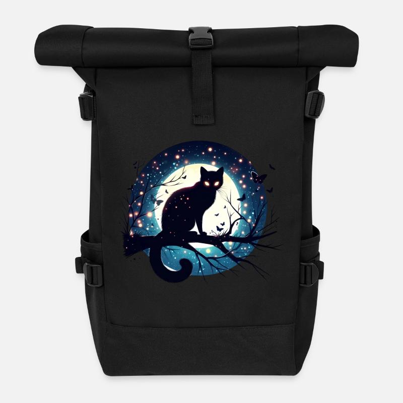 Vollmond mit schwarzer Katze Halloween - Rolltop Rucksack - Schwarz
