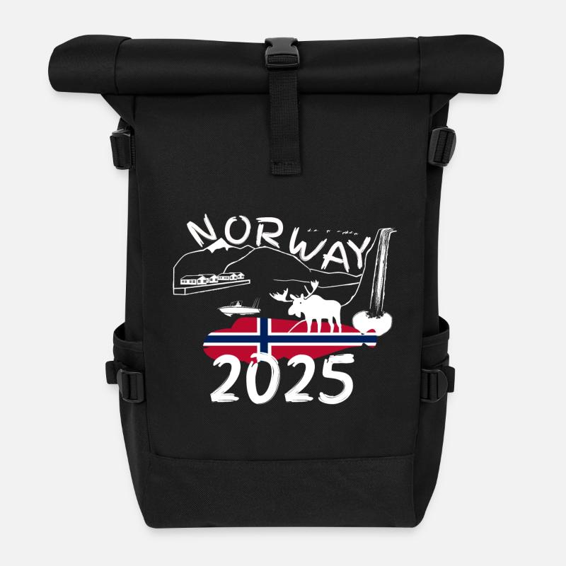 Norwegen 2025 Steinbeisser mit Bergen Elch Angeln - Rolltop Rucksack - Schwarz