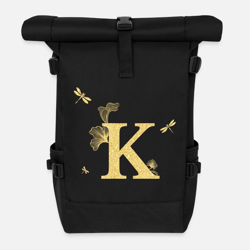 Buchstabe k Goldene Glitzerlibelle - Geschenkidee - Rolltop Rucksack - Schwarz
