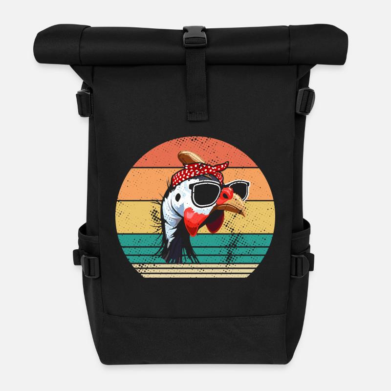 Chickens Rooster Guinea Fowl - Roll Top Backpack - black