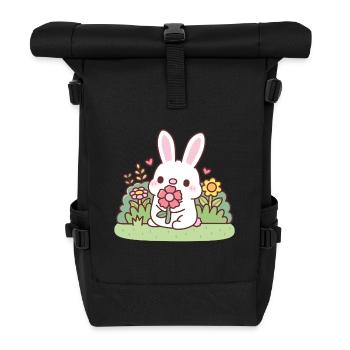Cute White Bunny Rabbit And Flowers Springtime - Roll Top Backpack - black - Front