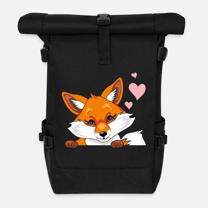 Peeking cute shy fox with hearts - Roll Top Backpack - black
