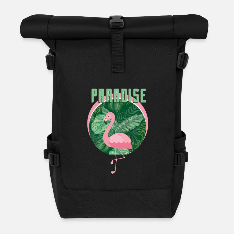 Été - flamant rose au paradis - Sac à dos roll top - noir