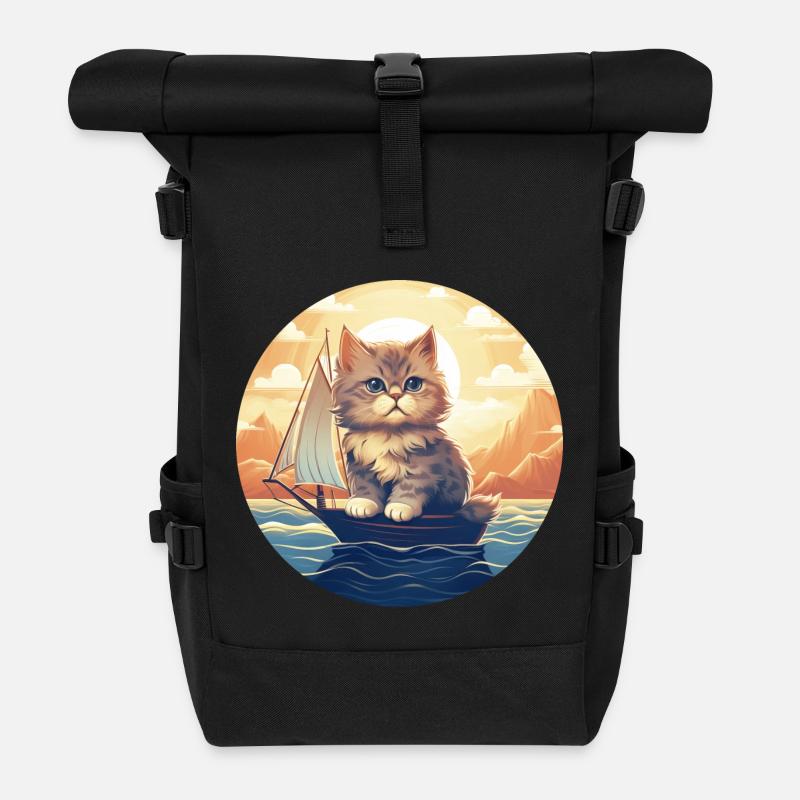 Katze Segelt im Sonnenuntergang, Romantisches - Rolltop Rucksack - Schwarz