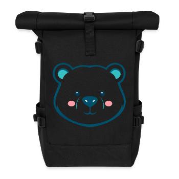 Niedlicher Cartoon Teddybär - Blau-Weißes Design - Rolltop Rucksack - Schwarz - Vorne