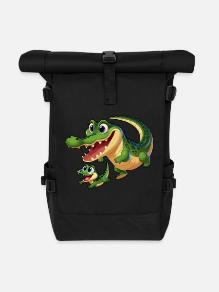 Crocodile mère et enfant gambadant - Sac à dos roll top - noir