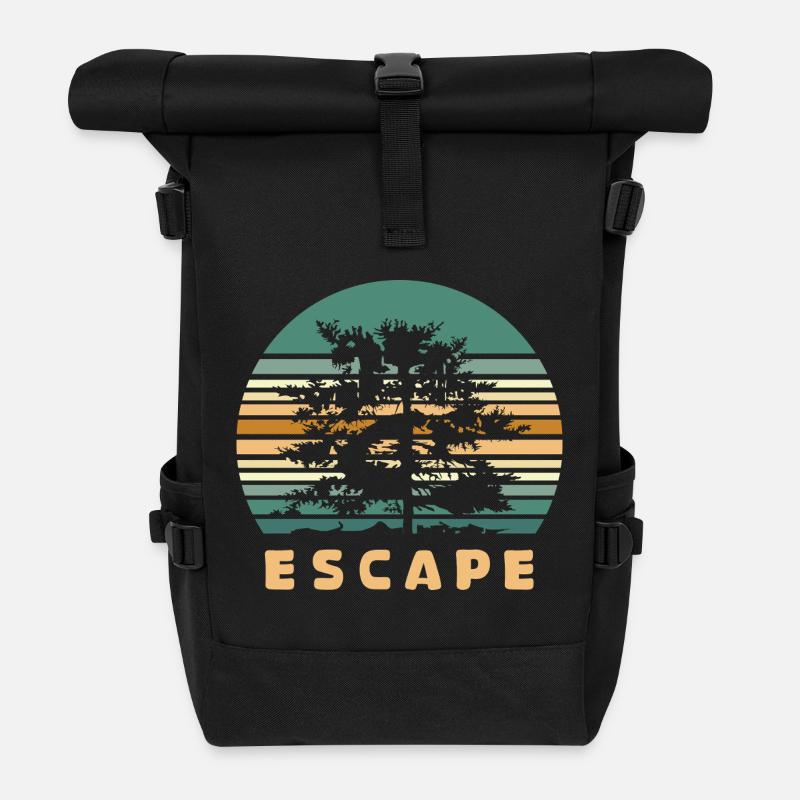 Escape Wald Design – Retro Natur Adventure Logo - Rolltop Rucksack - Schwarz