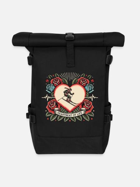Skifahren Herzschlag Tattoo Retro Rosen - Rolltop Rucksack - Schwarz