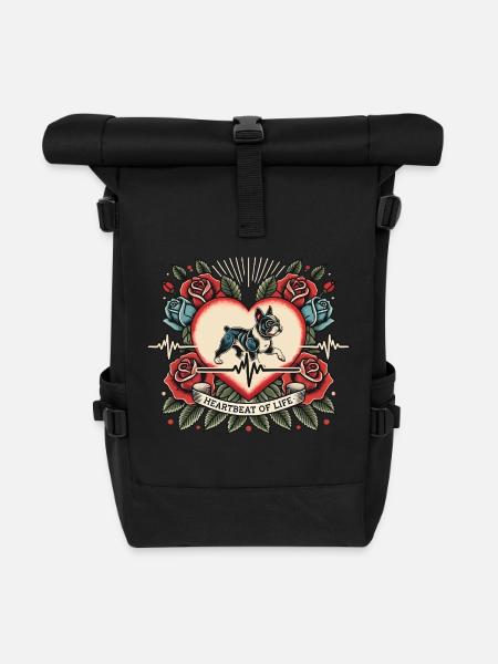 Mops Herzschlag Retro Tattoo mit Rosen - Rolltop Rucksack - Schwarz