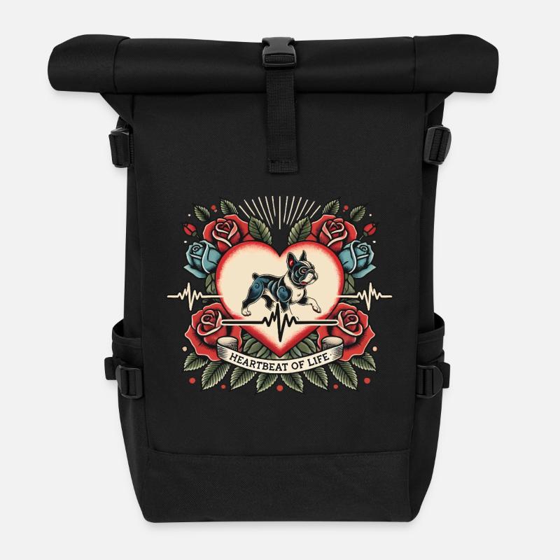 Mops Herzschlag Retro Tattoo mit Rosen - Rolltop Rucksack - Schwarz