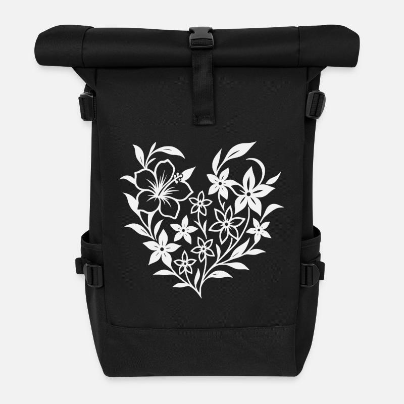 Blumiges Herzmuster in Weiß - Rolltop Rucksack - Schwarz