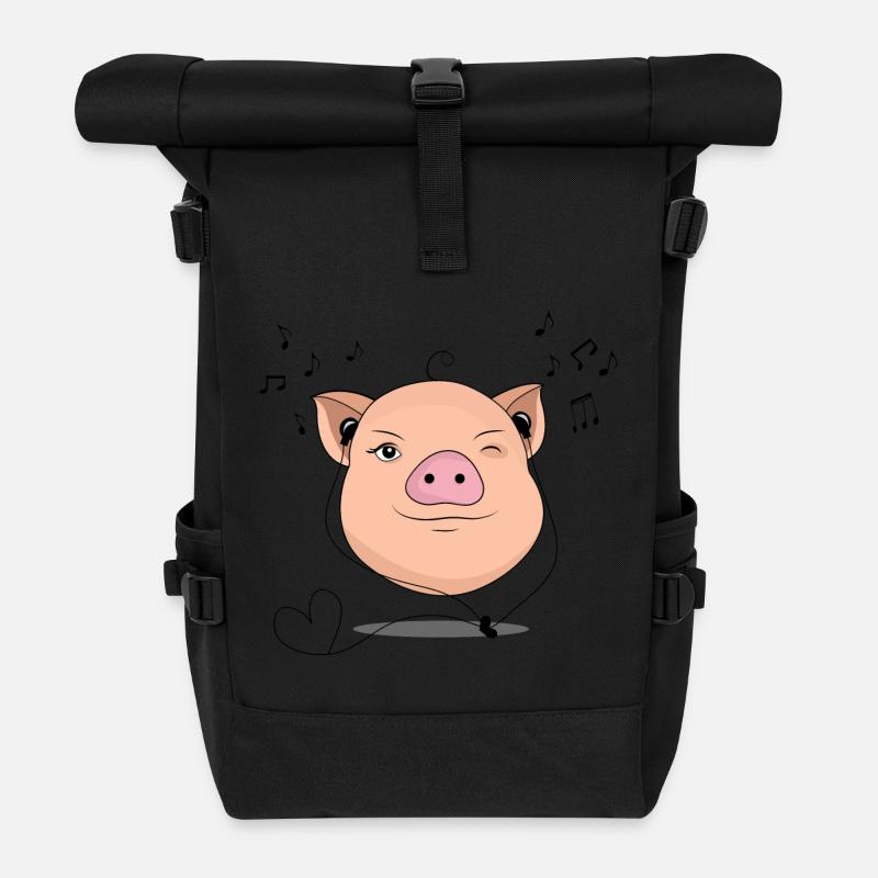 Schwein mit Kopfhörer Musik Geschenk - Rolltop Rucksack - Schwarz