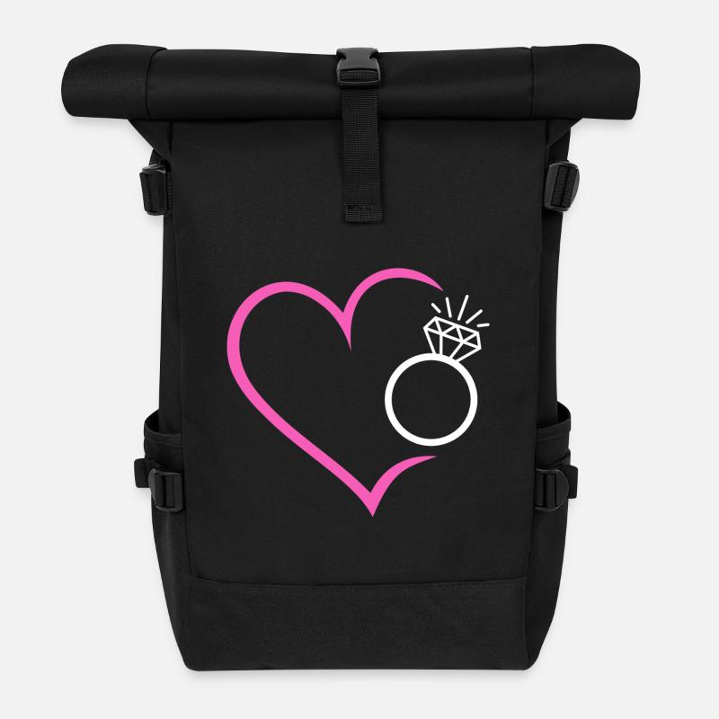 Herz mit Diamantring Ehering Ring Hochzeit Braut - Rolltop Rucksack - Schwarz