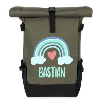 Bastian Name Regenbogen Baby - Rolltop Rucksack - Olive/Schwarz - Vorne
