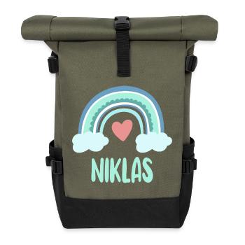 Niklas Name Regenbogen Baby - Rolltop Rucksack - Olive/Schwarz - Vorne