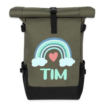 Tim Name Regenbogen Baby - Rolltop Rucksack - Olive/Schwarz - Vorne