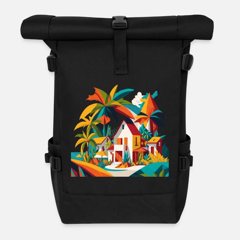 Maison sous les palmiers au bord de la mer - Sac à dos roll top - noir