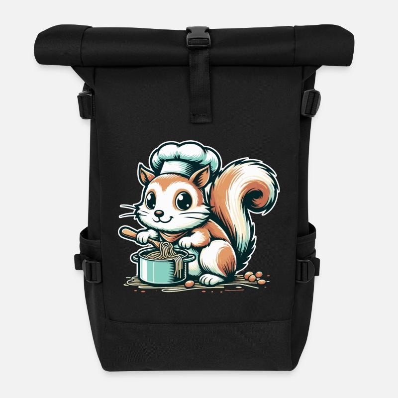 Niedliches Cartoon-Eichhörnchen kocht Spaghetti - Rolltop Rucksack - Schwarz