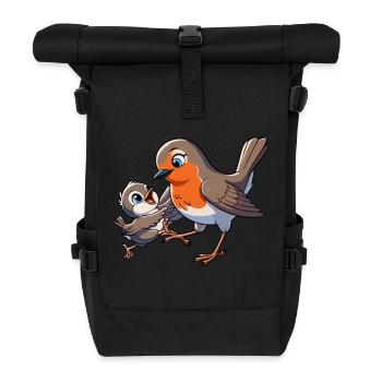 Rouge-gorge mère et enfant gambadant - Sac à dos roll top - noir - Devant