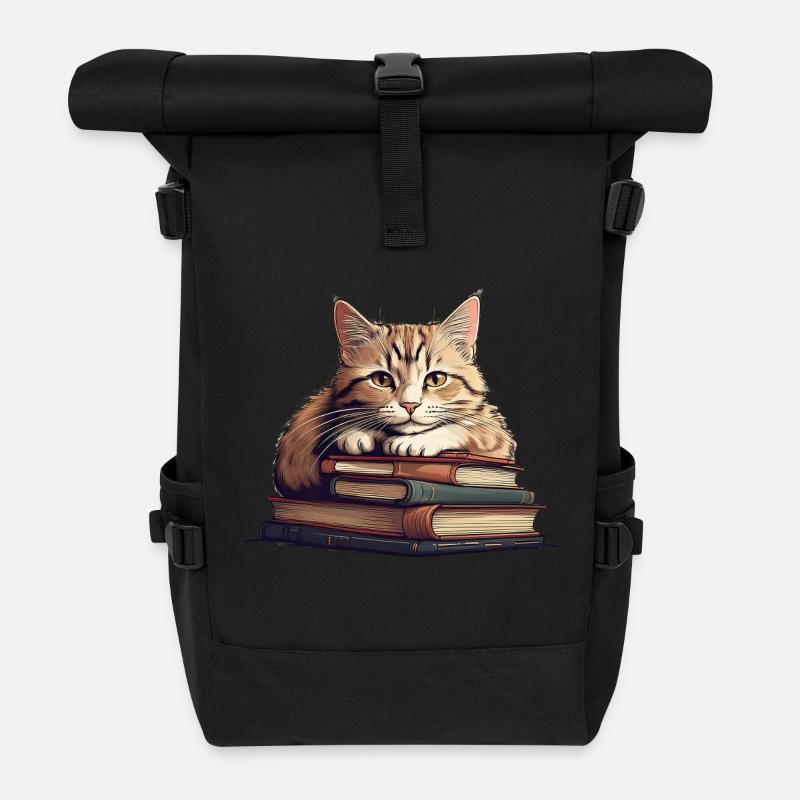 Chat mignon sur pile de livres - Sac à dos roll top - noir