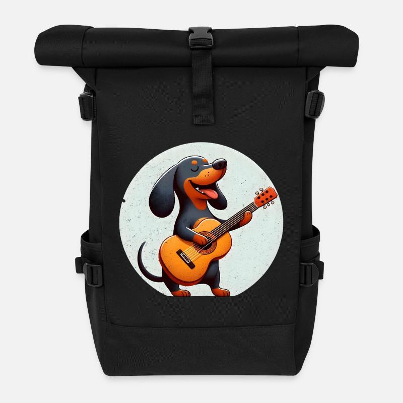 Cheerful Dog with Guitar Dachshund - Roll Top Backpack - black