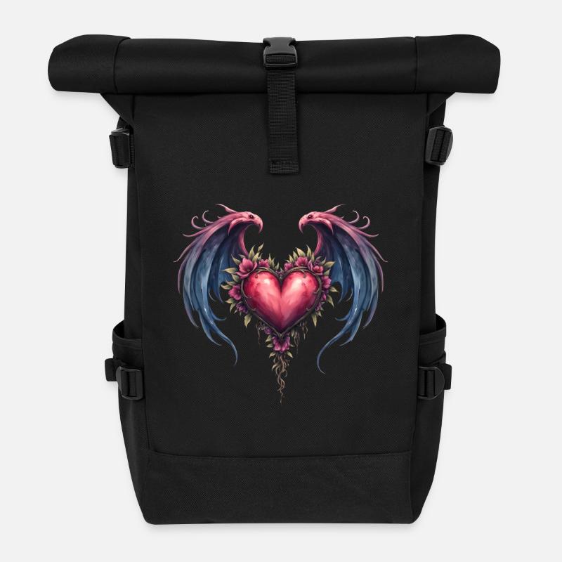 Floral winged heart - Roll Top Backpack - black