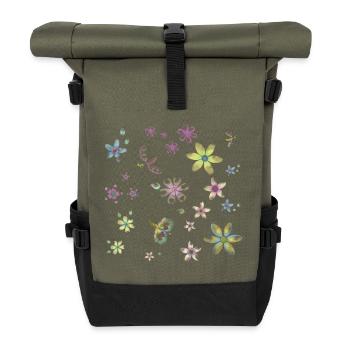 Blumen und Schmetterlinge - Rolltop Rucksack - Olive/Schwarz - Vorne